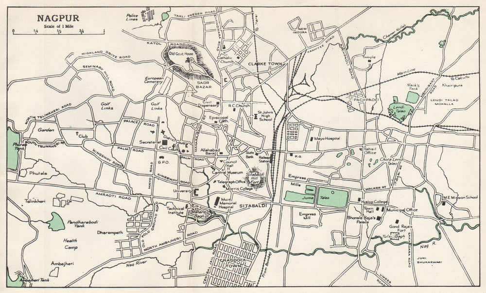 NAGPUR. city plan showing key buildings. Maharashtra. India. 1965 old ...