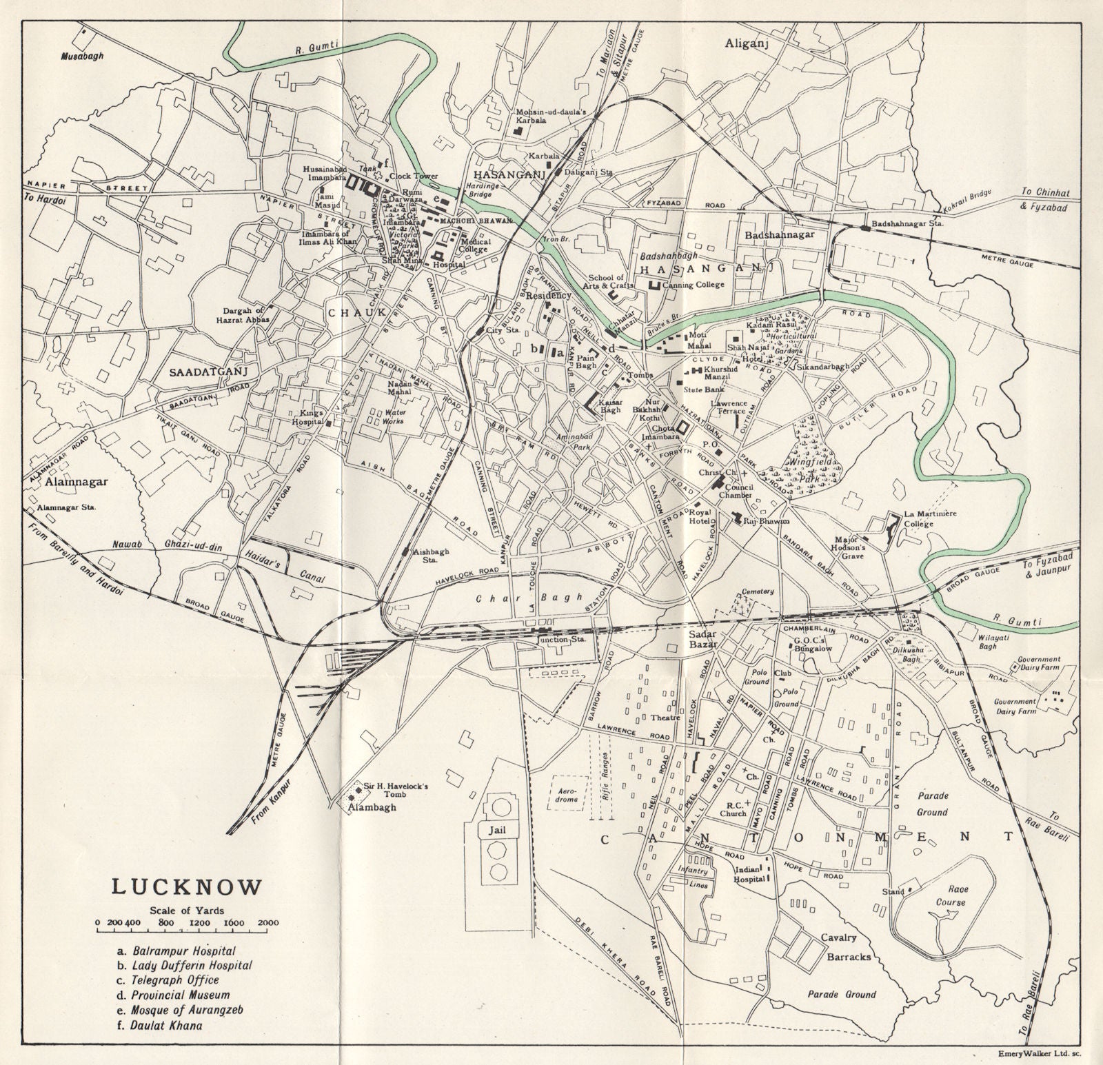 LUCKNOW. Town city plan showing key buildings. India 1965 old vintage ...