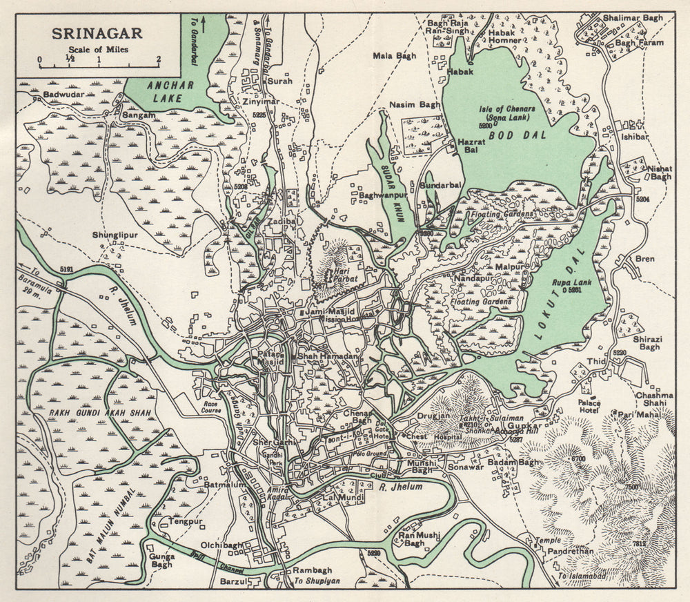 SRINAGAR. Town city plan. Lakes. Key Buildings. Kashmir 1965 old vintage map