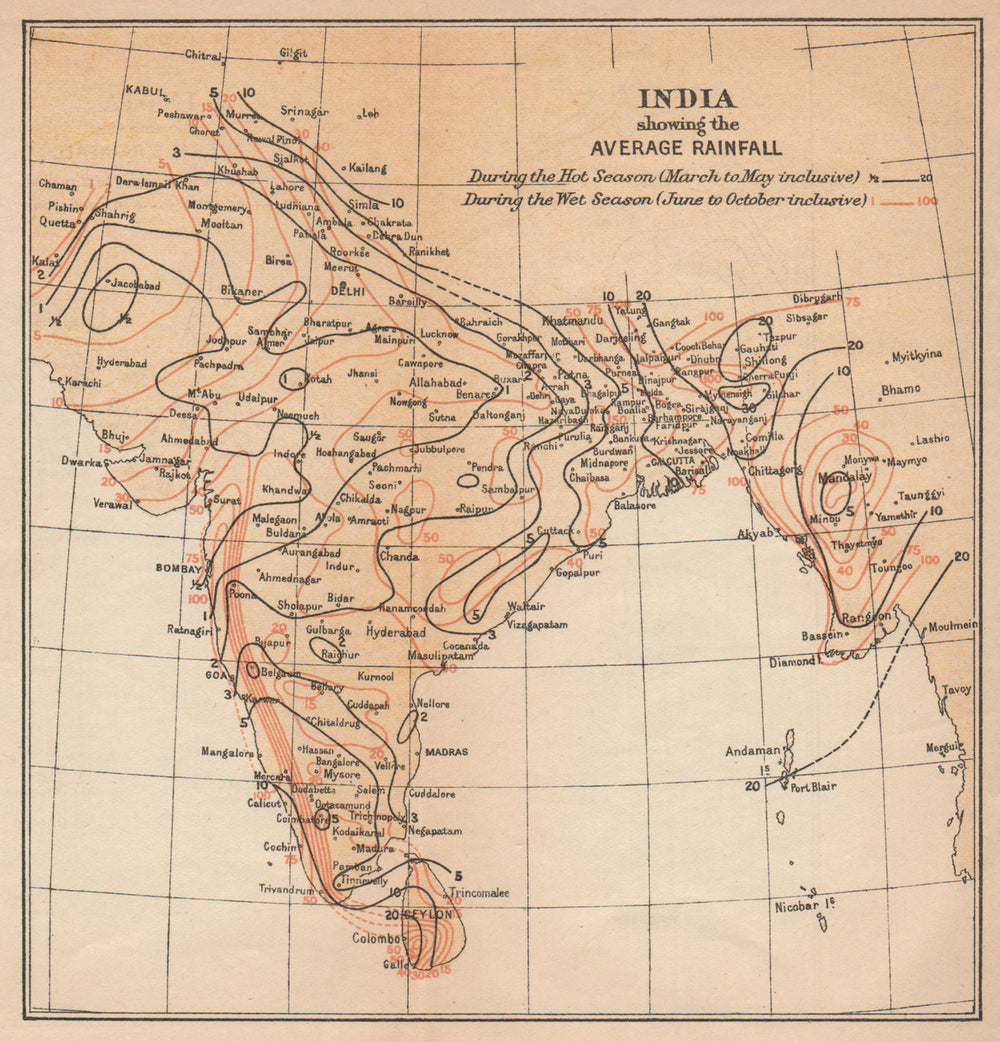 INDIA. showing average Rainfall during Monsoon & dry seasons. Isohyets 1929 map