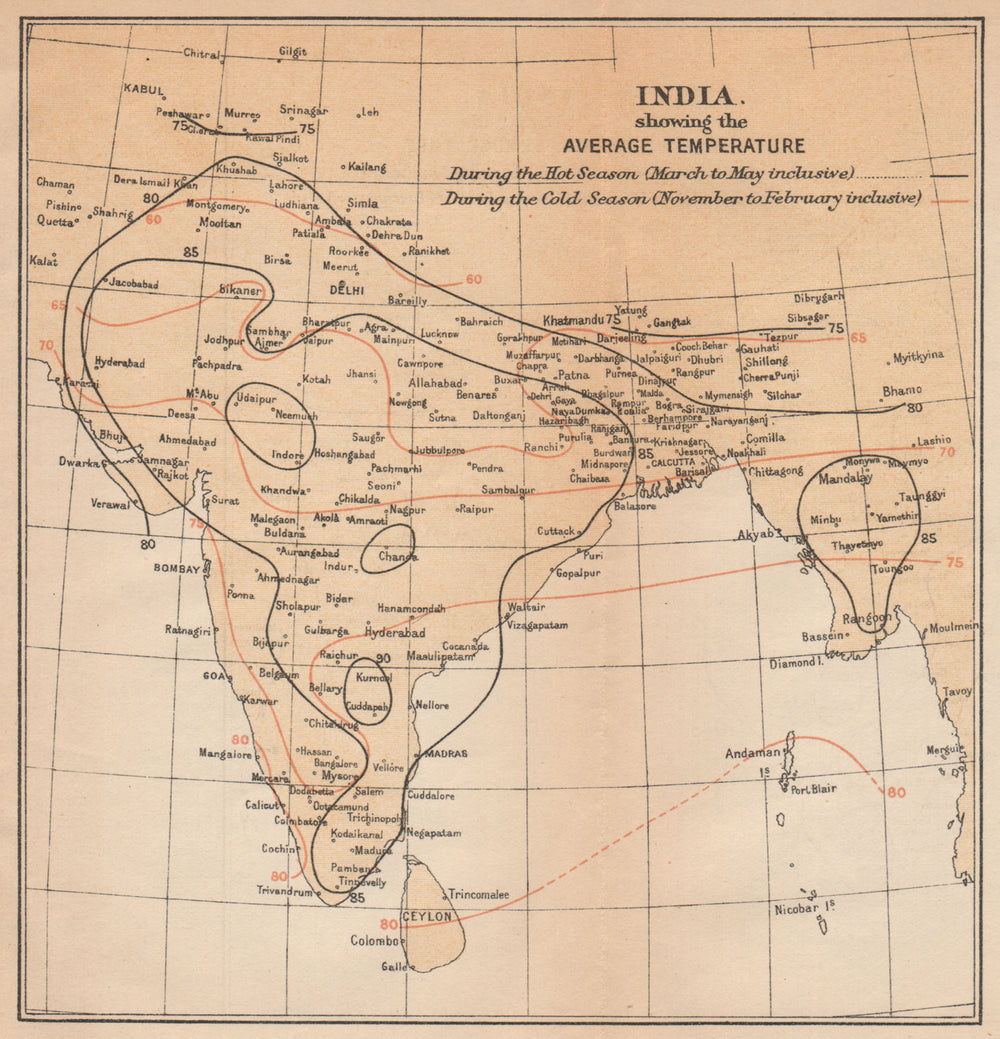 INDIA. average Temperature during Monsoon & dry seasons. Isotherms 1929 map