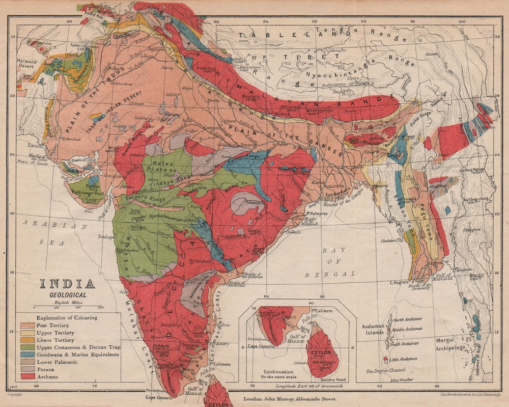 INDIA. Geological map. Tertiary Cretaceous Archaean Purana Gondwana 1929