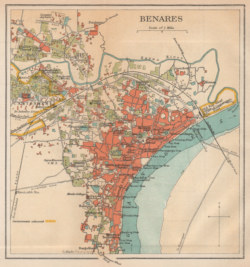 BRITISH INDIA. Benares (Varanasi)  city plan.Ganges temples cantonment 1929 map