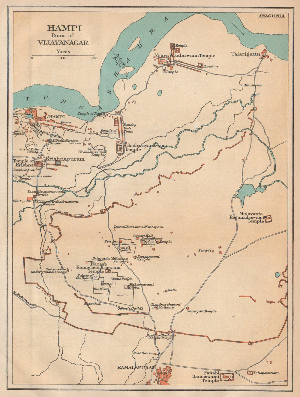 INDIA. Hampi ruins of Vijayanagar showing temples. Kamalapuram 1929 old map