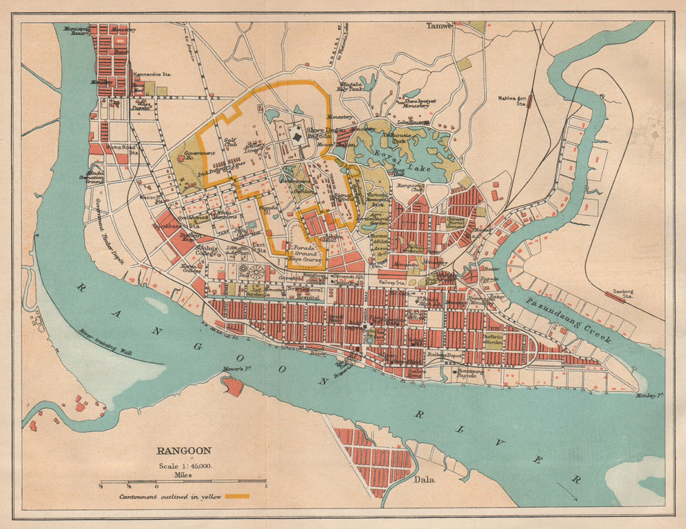 BRITISH BURMA. Rangoon (Yangon) city plan. Myanmar. Cantonment 1929 old map