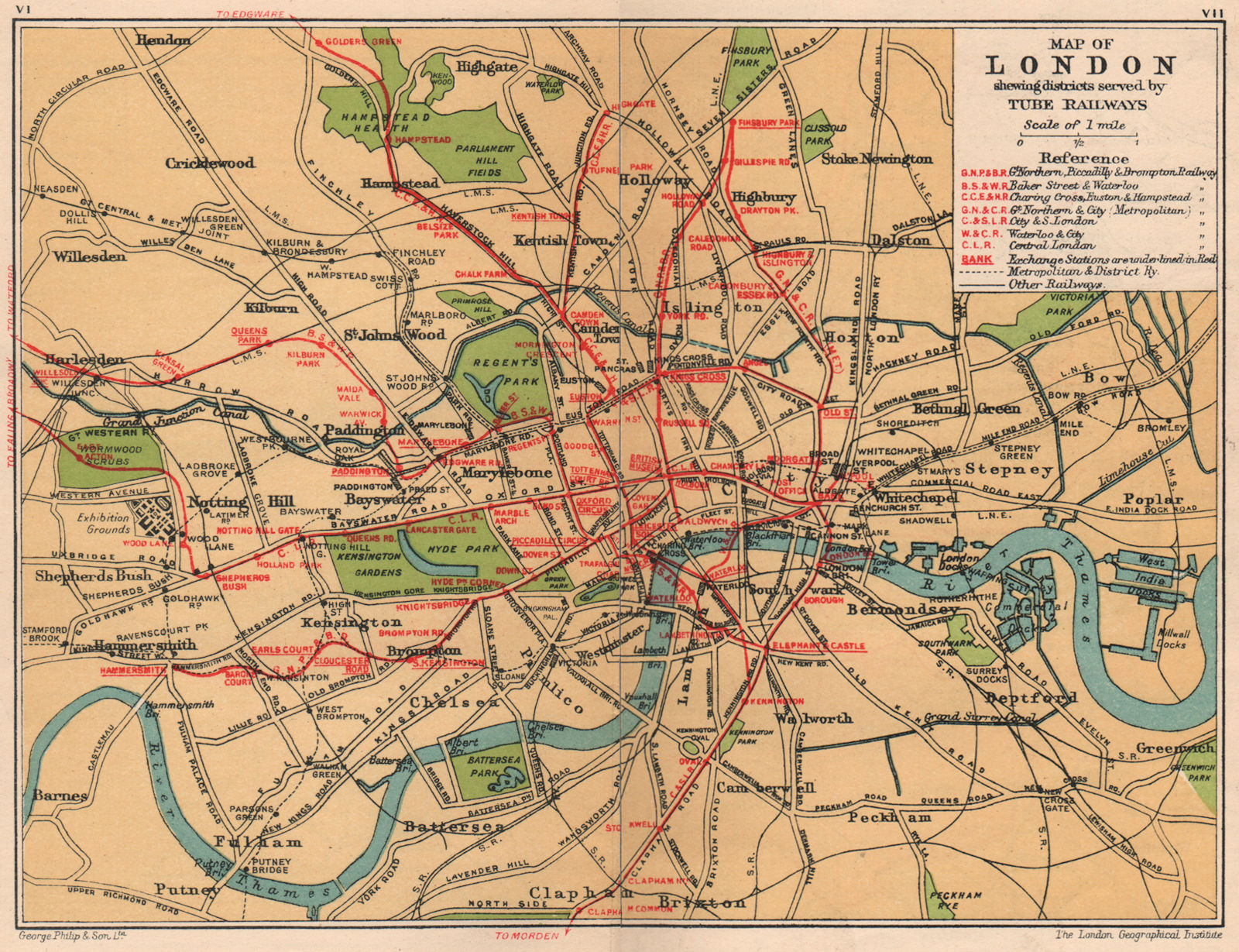 LONDON UNDERGROUND. Vintage tube & railway map w/ original line names ...