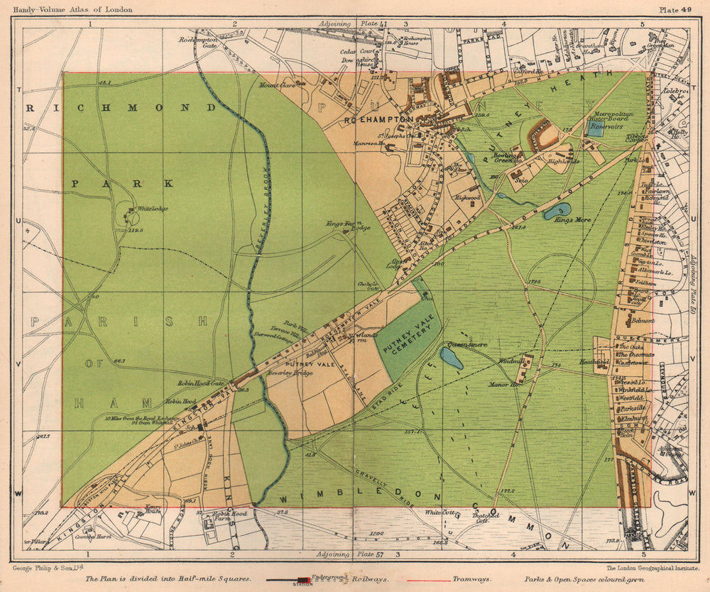 SW LONDON. Richmond Park Roehampton Putney Heath/Vale Wimbledon Common 1932 map