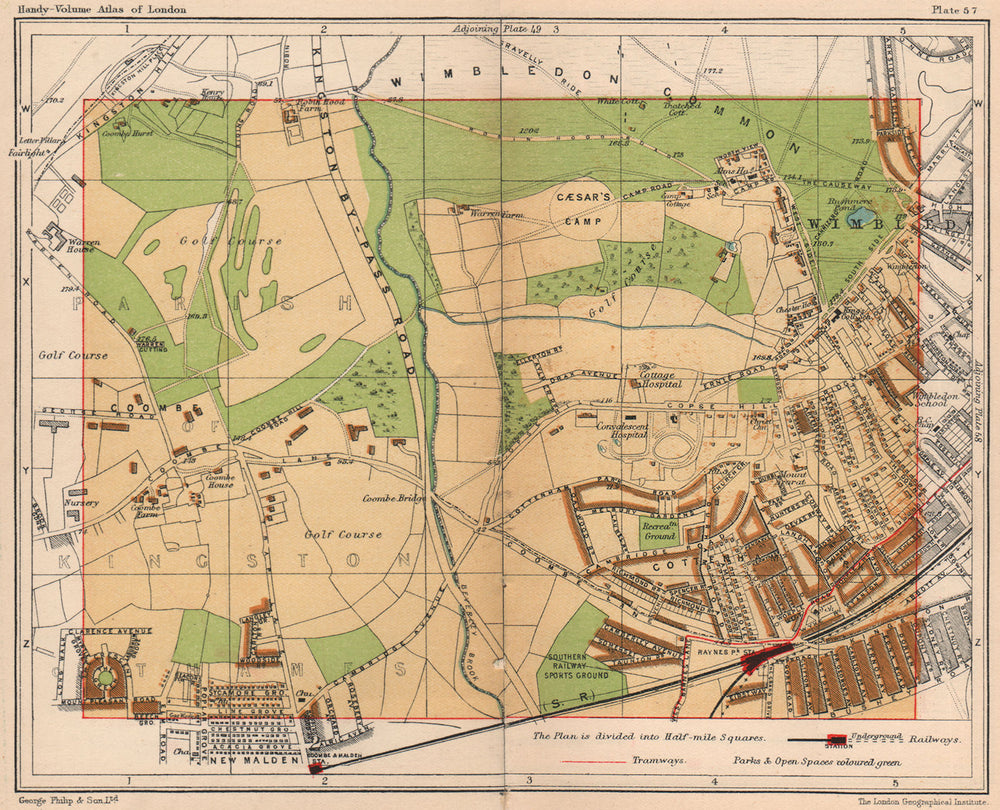 SW LONDON. Wimbledon Raynes Park Cottenham Park Coombe New Malden 1932 old map