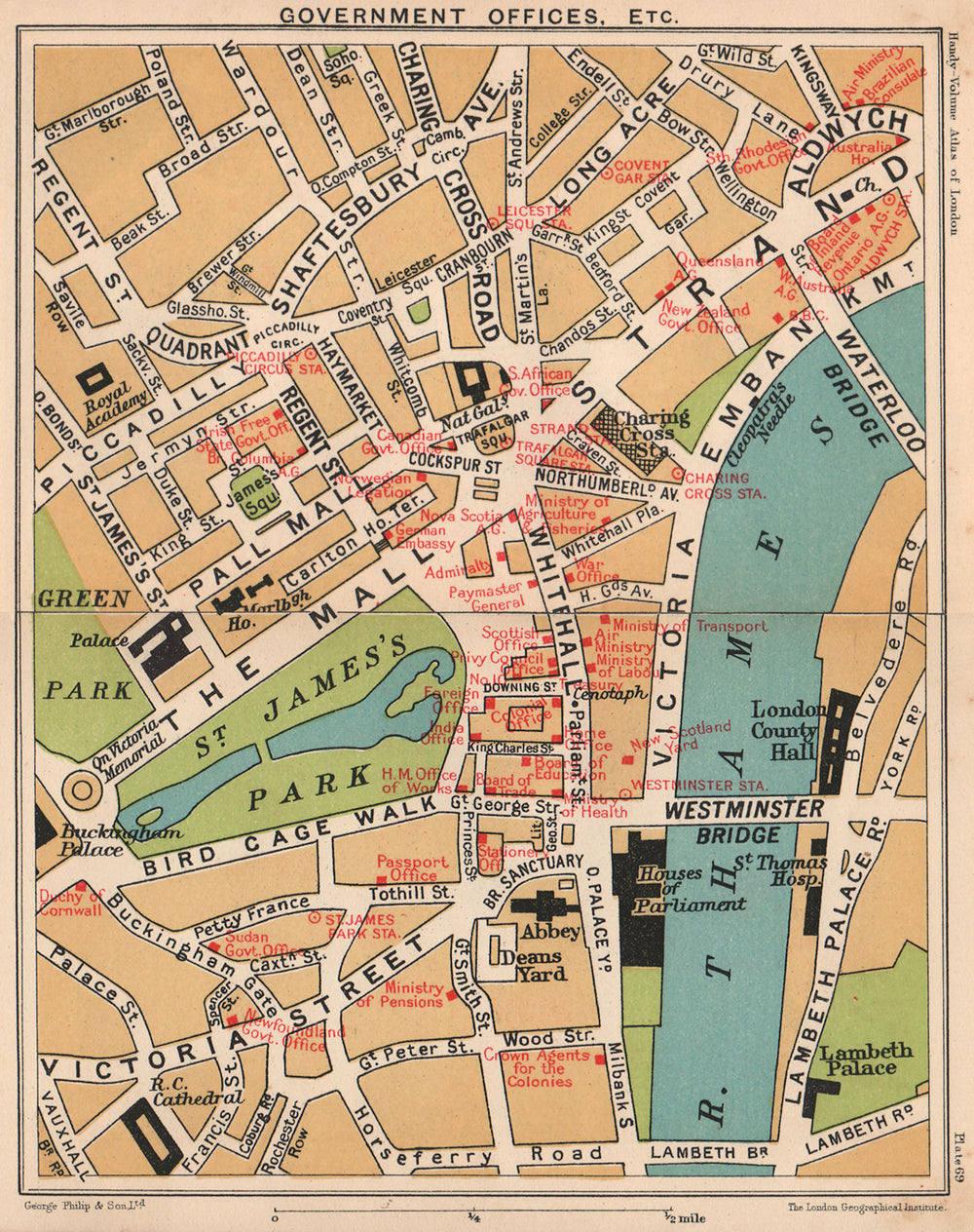 WHITEHALL. Government & colonial departments & offices. Westminster 1932 map