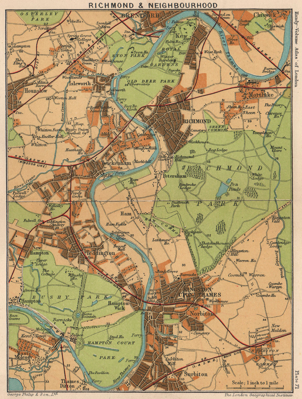 SW LONDON. Richmond Kew Kingston Surbiton Twickenham Teddington 1932 old map