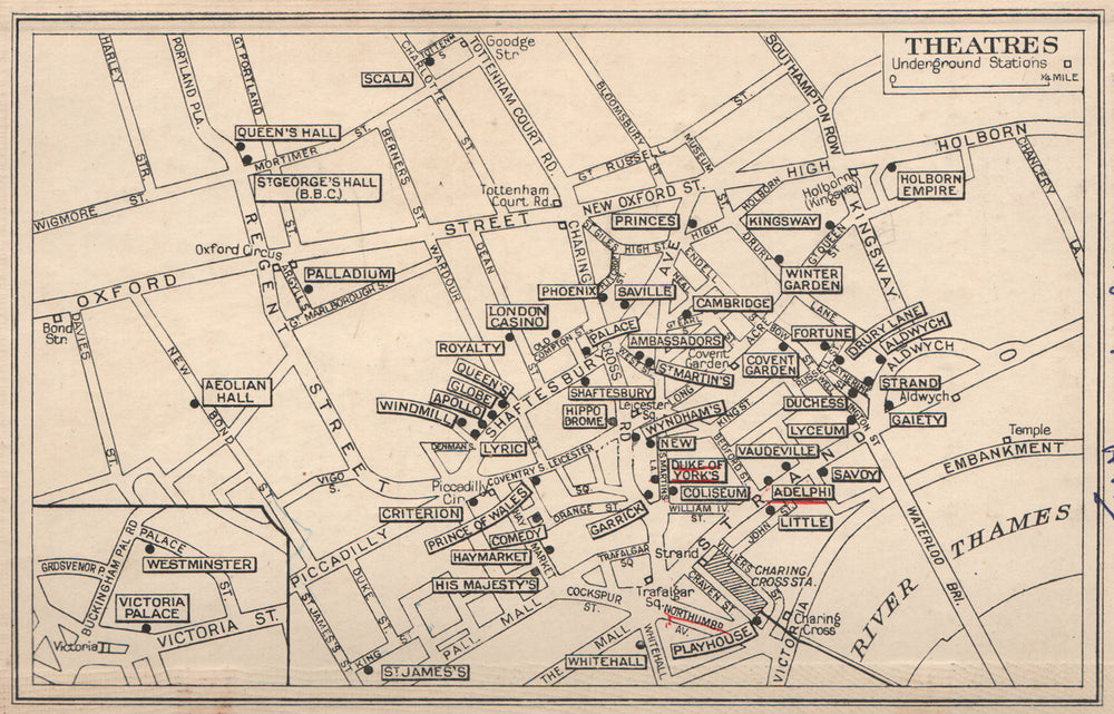 LONDON WEST END THEATRES. Covent Garden St James's Shaftesbury Avenue 1938 map