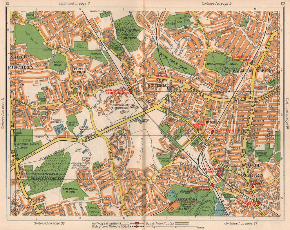 N LONDON. Southgate Friern Barnet Palmer's Green Bowes Park Wood Green 1938 map