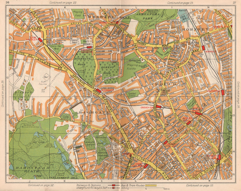 N LONDON. Muswell Hill Hornsey Stoud Green Crouch End Highgate 1938 old map