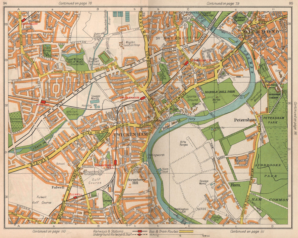 SW LONDON Richmond Twickenham Petersham Strawberry Hill Fulwell 1938 old map
