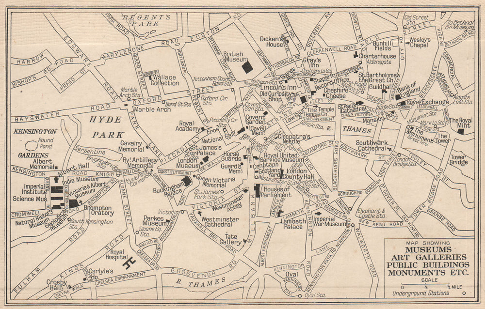 LONDON Museums Art Galleries Public Buildings Monuments 1938 old vintage map