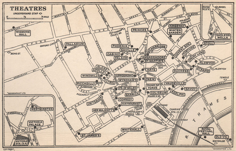 LONDON WEST END THEATRES. Covent Garden St James's Shaftesbury Avenue 1953 map