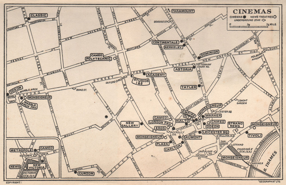 LONDON WEST END CINEMAS & NEWS THEATRES. Leicester Square &c 1953 old map
