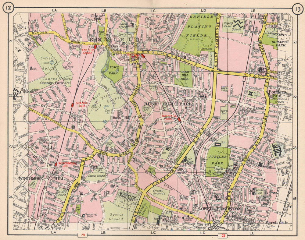 N LONDON. Enfield Ponder's End Edmonton Winchmore Hill Bush Hill Park 1953 map