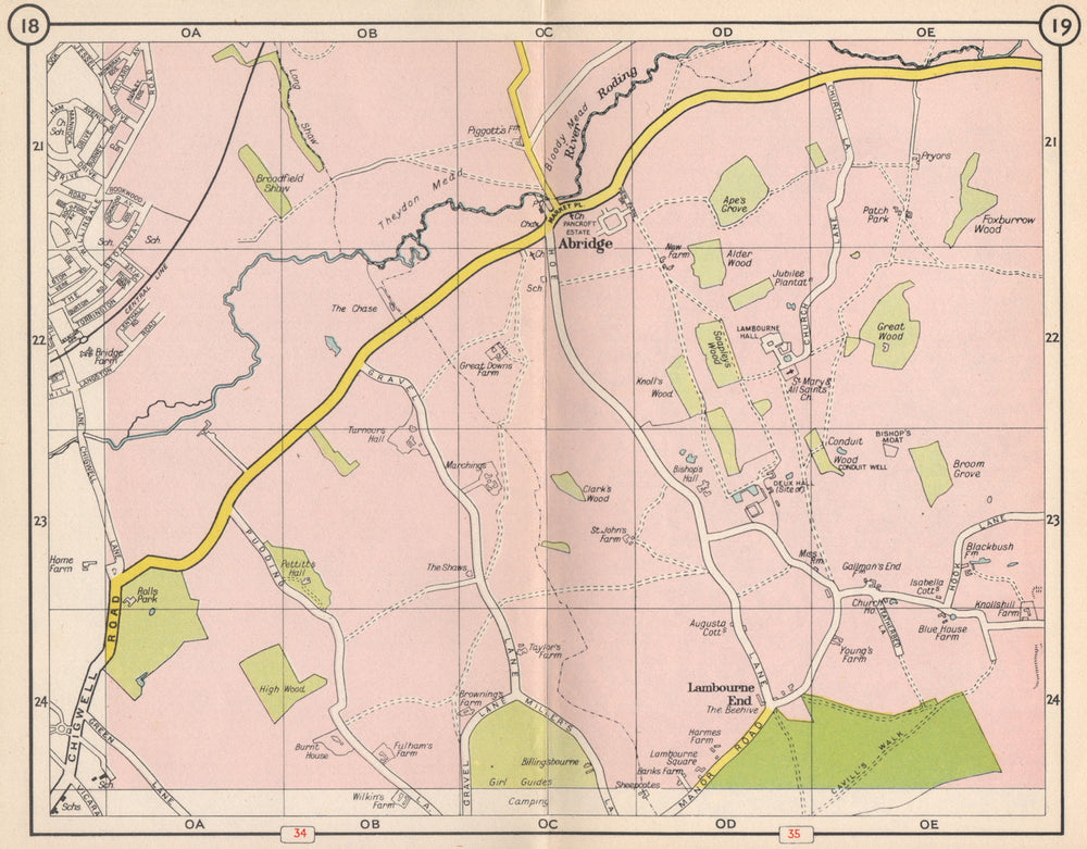 NE LONDON. Abridge Lambourne End Loughton River Roding Debden 1953 old map