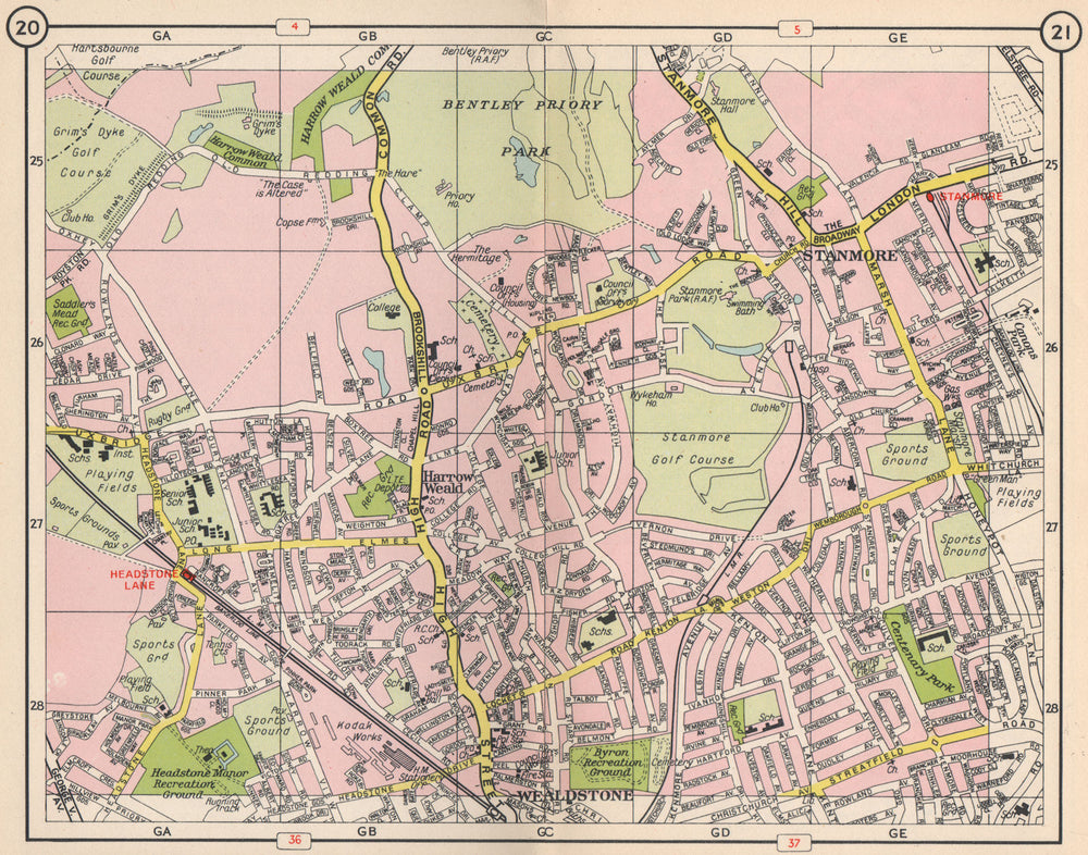 NW LONDON. Wealdstone Harrow Weald Stanmore Headstone Lane 1953 old map