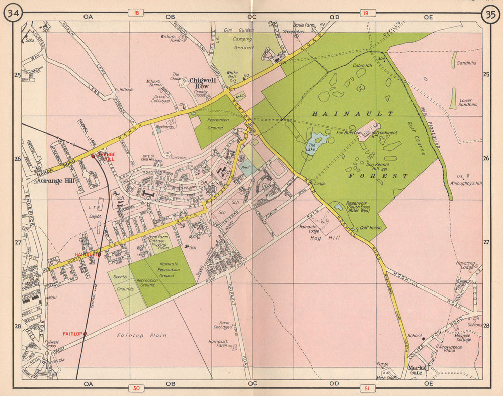 NE LONDON. Chigwell Row Hainault Forest Grange Hill Fairlop Marks Gate 1953 map