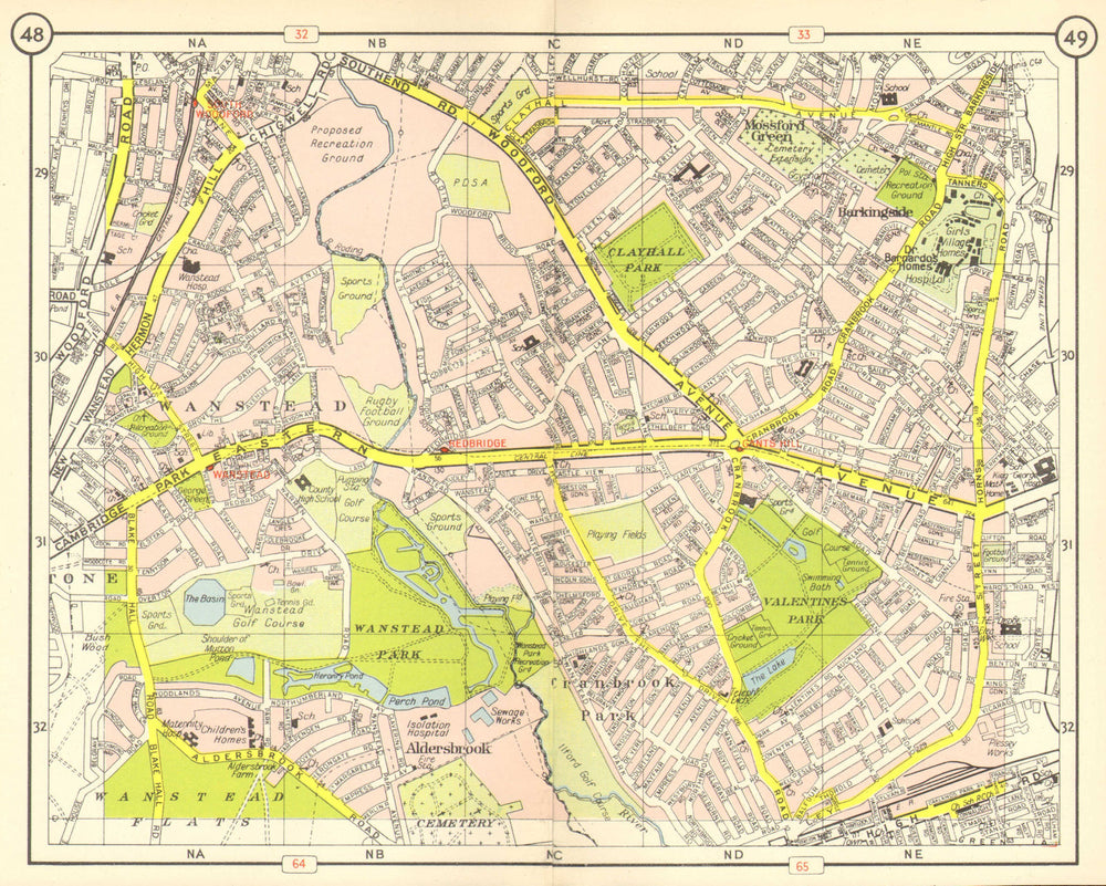 NE LONDON Wanstead Mossford Green Cranbrook Park Barkingside Woodford 1953 map