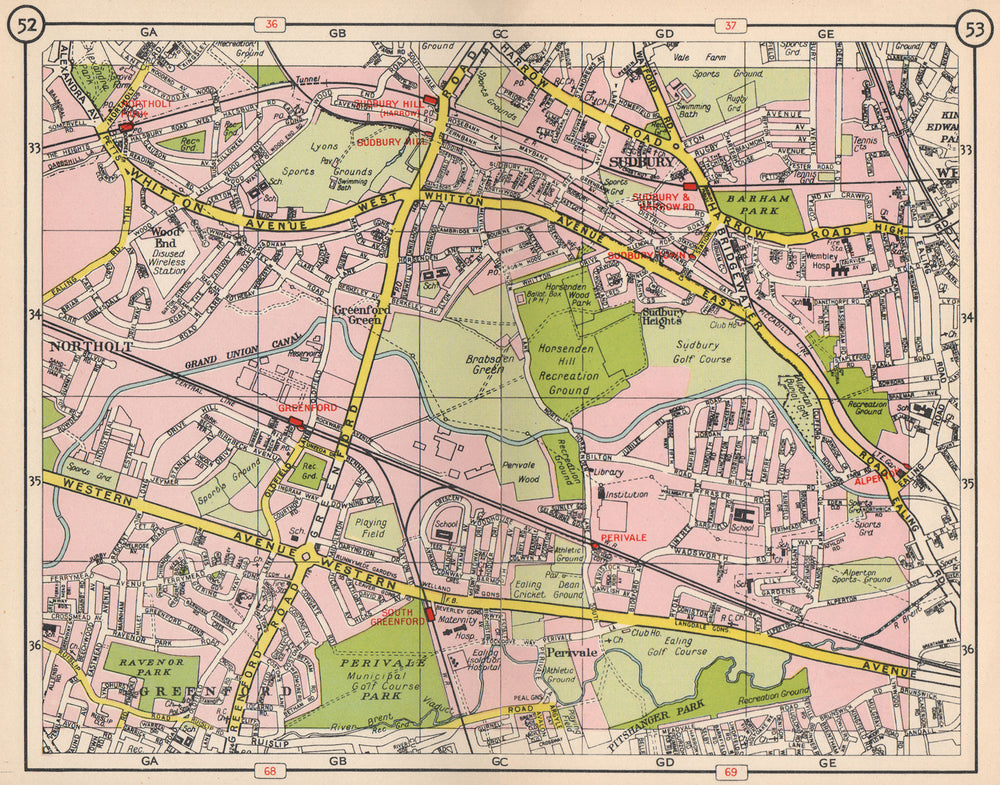 NW LONDON. Northolt Perivale Greenford Sudbury Heights Wood End 1953 old map