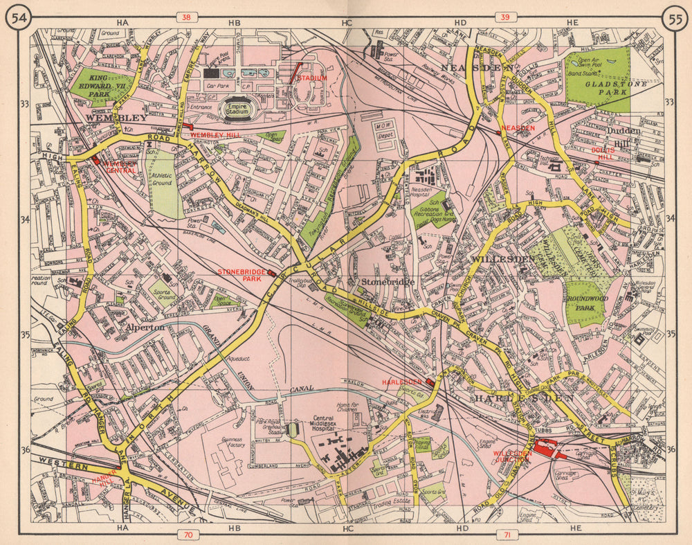 NW LONDON. Wembley Alperton Harlesden Willesden Neasden Dudden Hill 1953 map