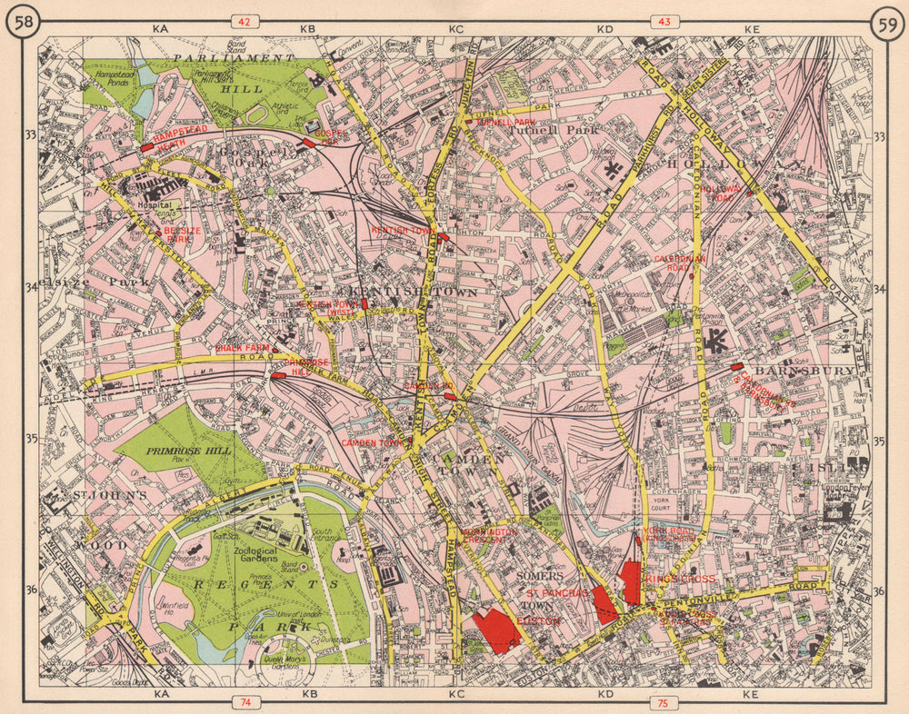 N LONDON. Kentish Town Holloway Barnsbury Camden Town St John's Wood 1953 map