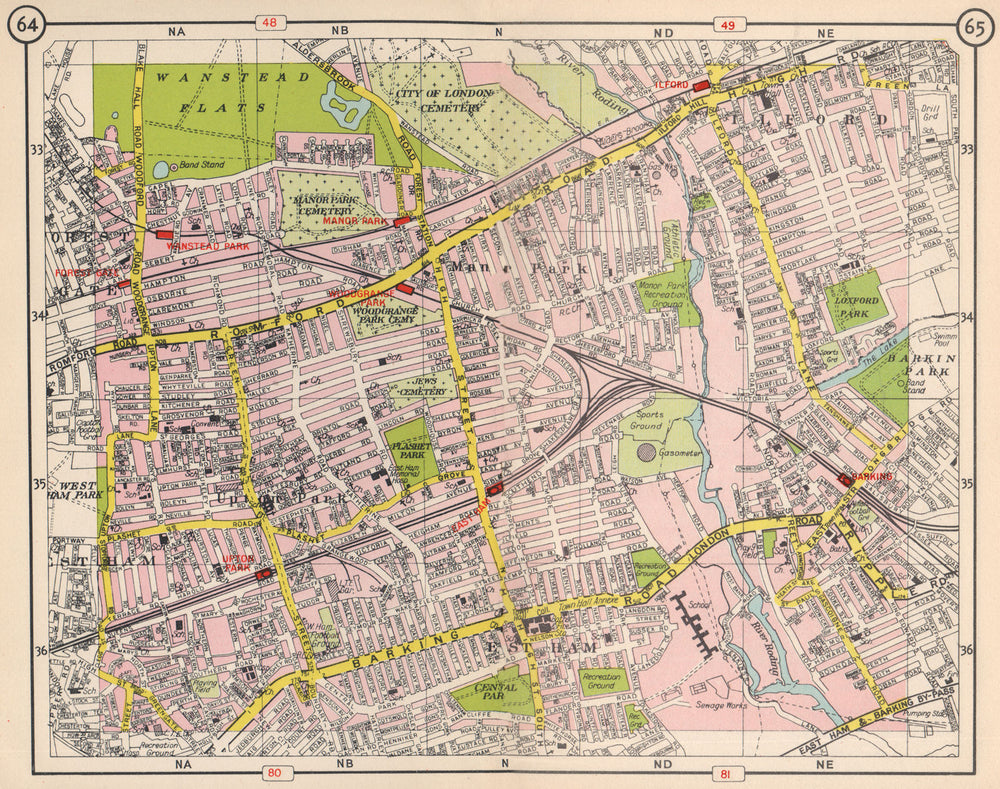 E LONDON. Ilford Manor / Upton Park East Ham Wanstead Park Forest Gate 1953 map