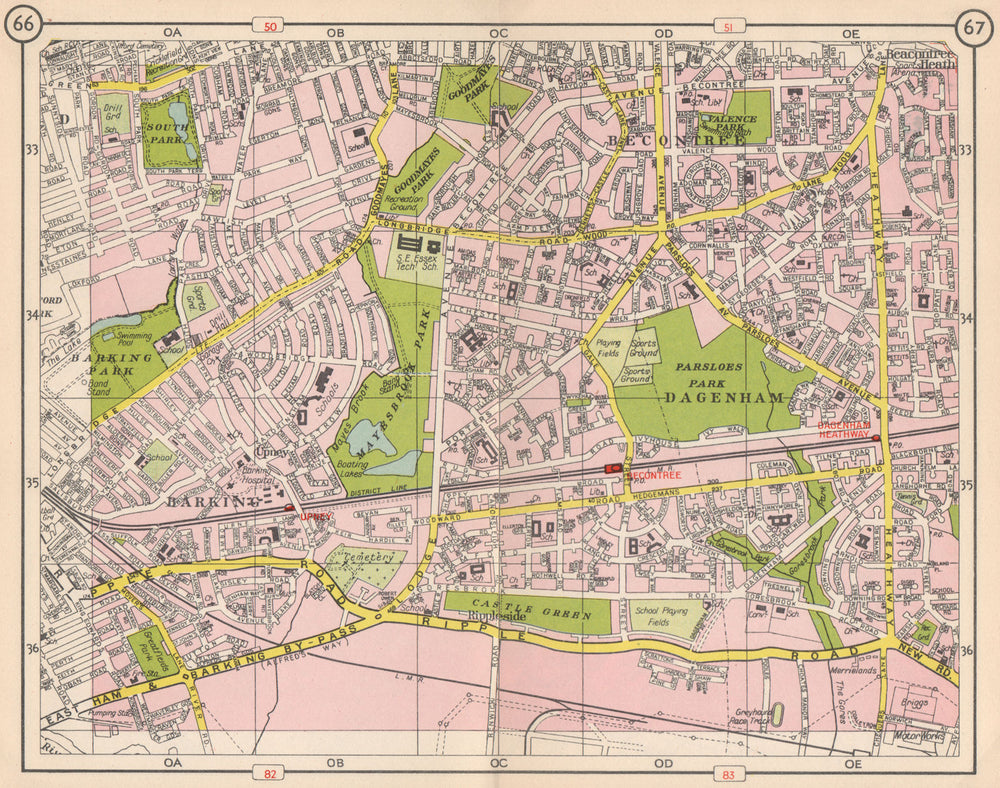 E LONDON. Becontree Dagenham Barking Rippleside Upney Goodmayes Park 1953 map