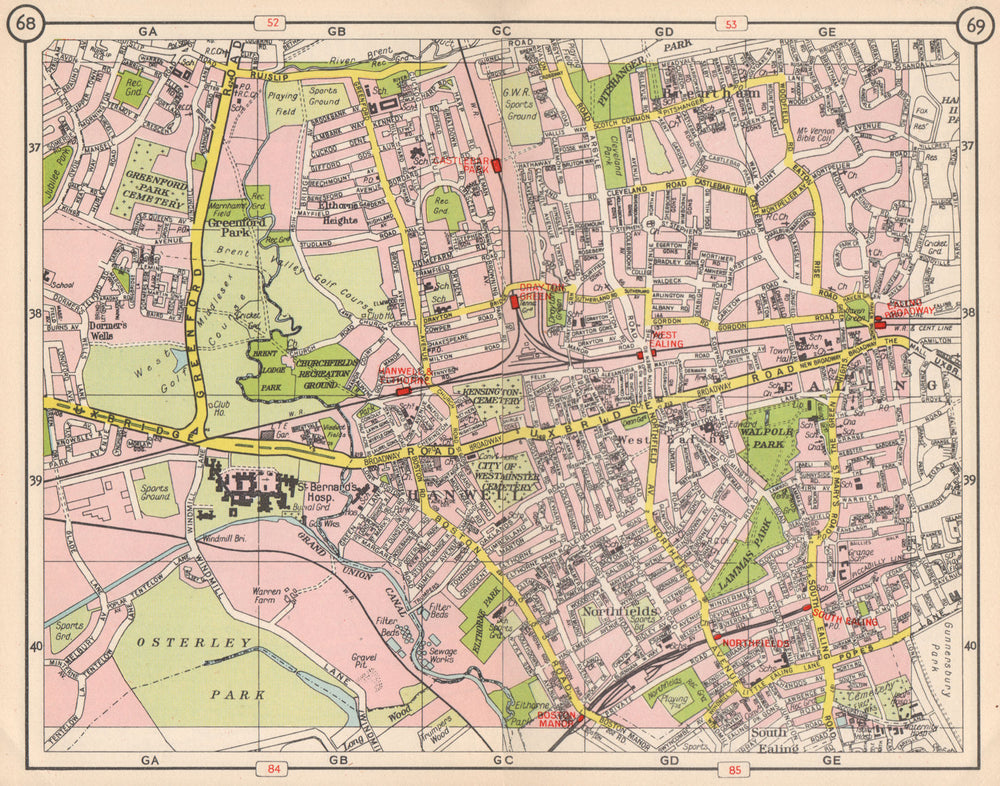 W LONDON. Brentham Greenford Park Ealing Northfields Hanwell Elthorne 1953 map