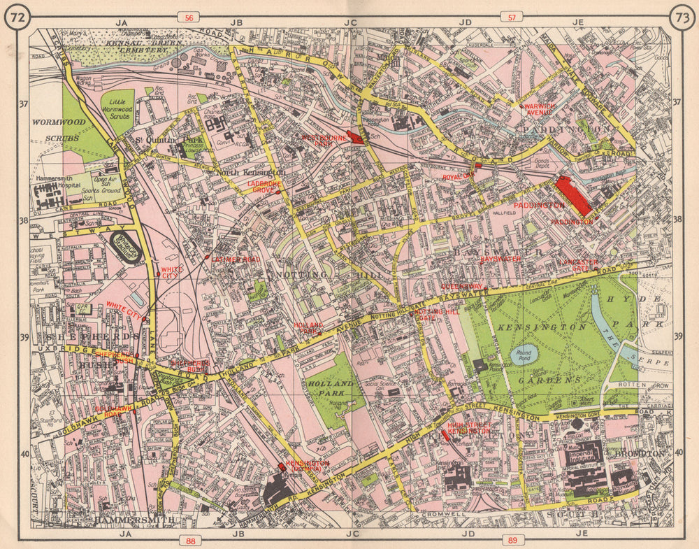 W LONDON. Notting Hill Paddington Bayswater Shepherd's Bush Kensington 1953 map