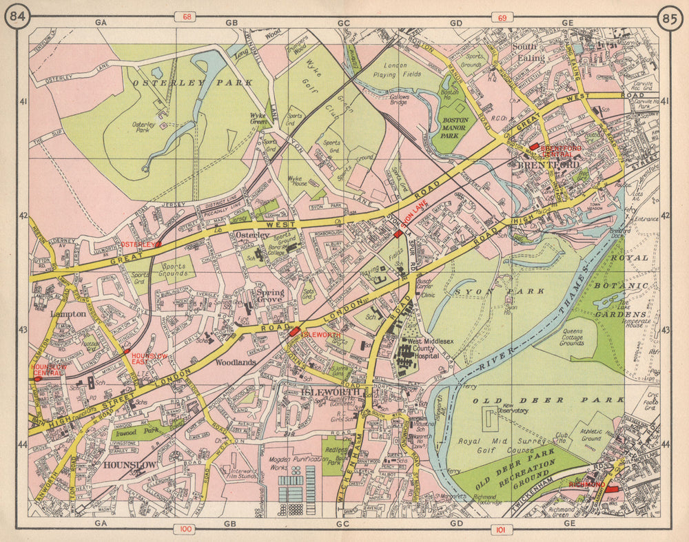 SW LONDON. Hounslow Isleworth Osterley Brentford Richmond Osterley 1953 map
