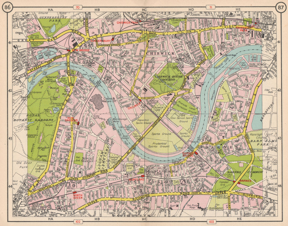 SW LONDON. Chiswick Gunnerbsury Kew Mortlake Barnes North Sheen 1953 old map