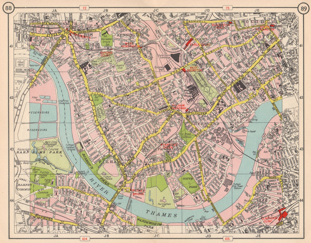 SW LONDON Fulham Walham Green Hammersmith South Kensington Earls Court 1953 map