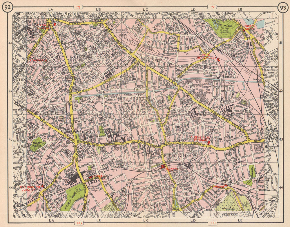 S LONDON. Walworth Camberwell Peckham Walworth Bermondsey Denmark Hill 1953 map