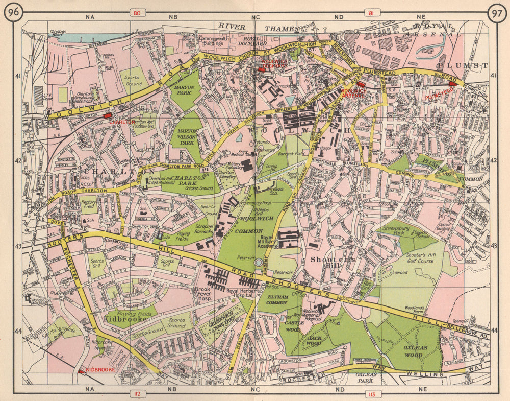 SE LONDON Charlton Woolwich Plumstead Charlton Shooters Hill Kidbrooke 1953 map