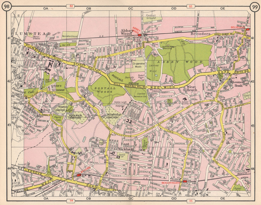 SE LONDON. Plumstead Abbey Wood Belvedere East Wickham Welling 1953 old map