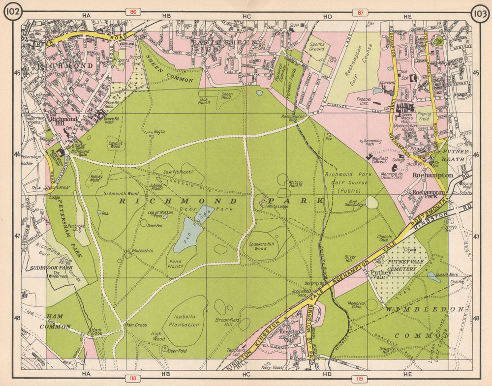RICHMOND PARK. East Sheen Roehampton Kingston Vale Wimbledon Common 1953 map