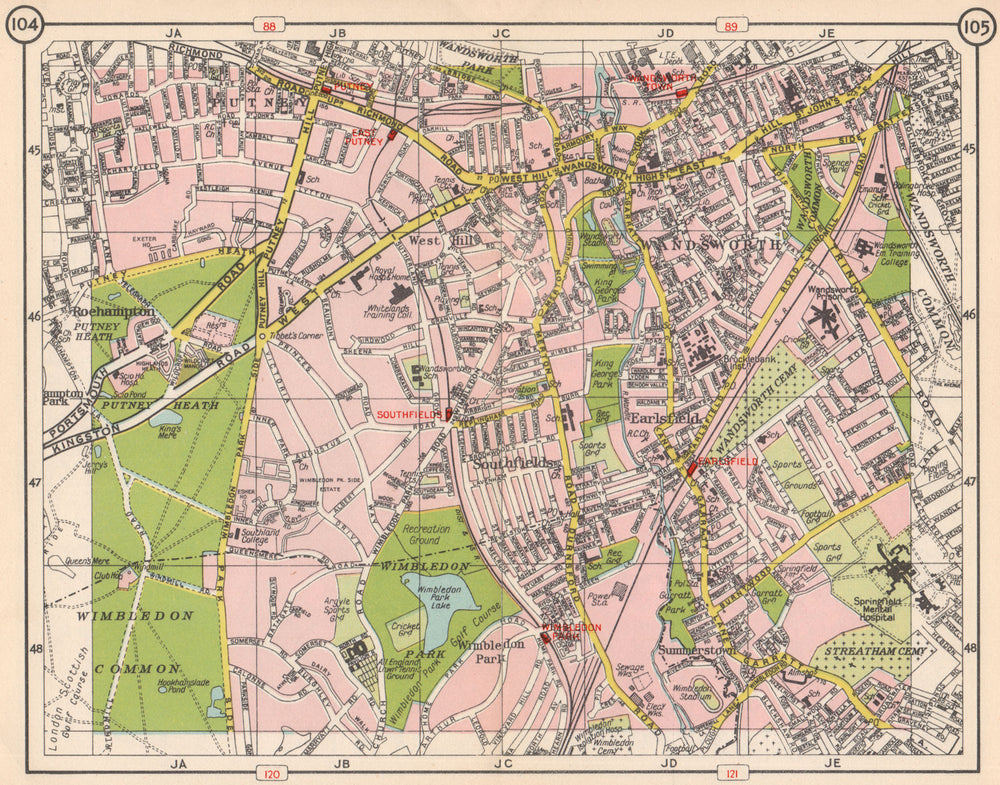 SW LONDON. Wandsworth Putney Wandsworth West Hill Earlsfield Wimbledon 1953 map