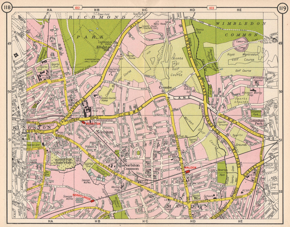 SW LONDON. Kingston Coombe Norbiton New Malden Berrylands Wimbledon 1953 map