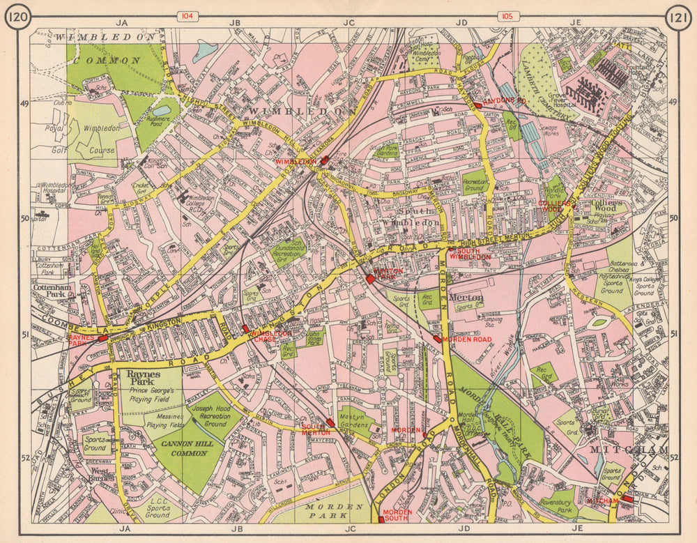 SW LONDON. Wimbledon Collier's Wood Merton Morden Raynes Park Mitcham 1953 map