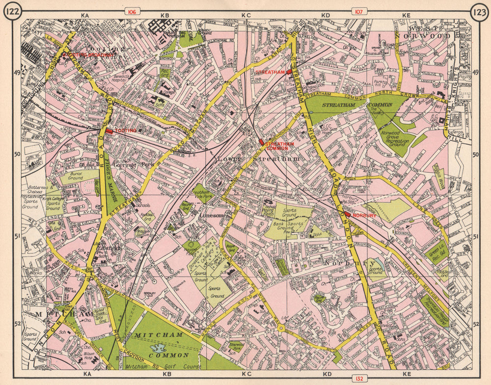 S LONDON. Mitcham Tooting Streatham West Norwood Norbury Eastfields 1953 map