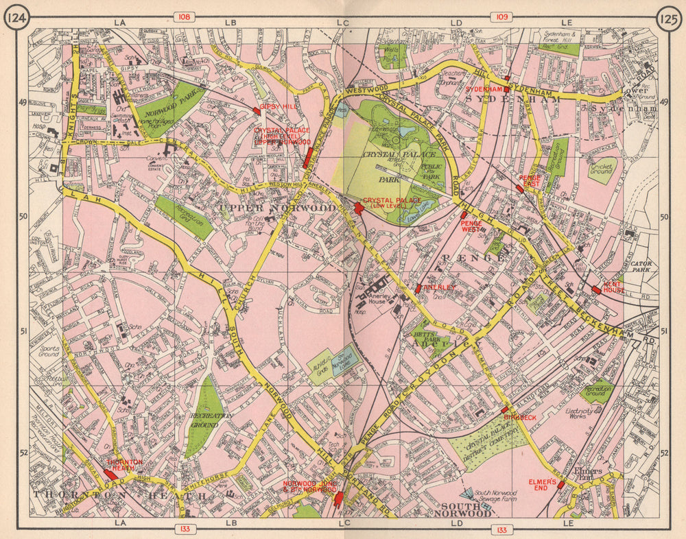 S LONDON. Upper/South Norwood Sydenham Thornton Heath Anerley Penge 1953 map