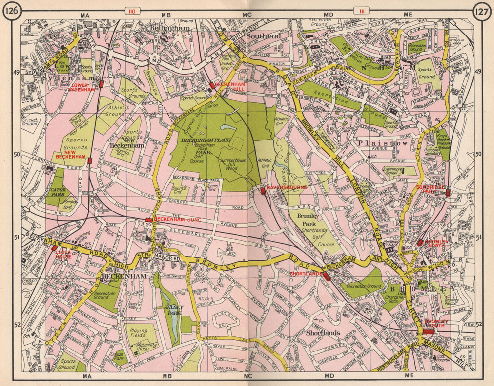 SE LONDON. Beckenham Sydenham Downham Bromley Shortlands Plaistow 1953 old map