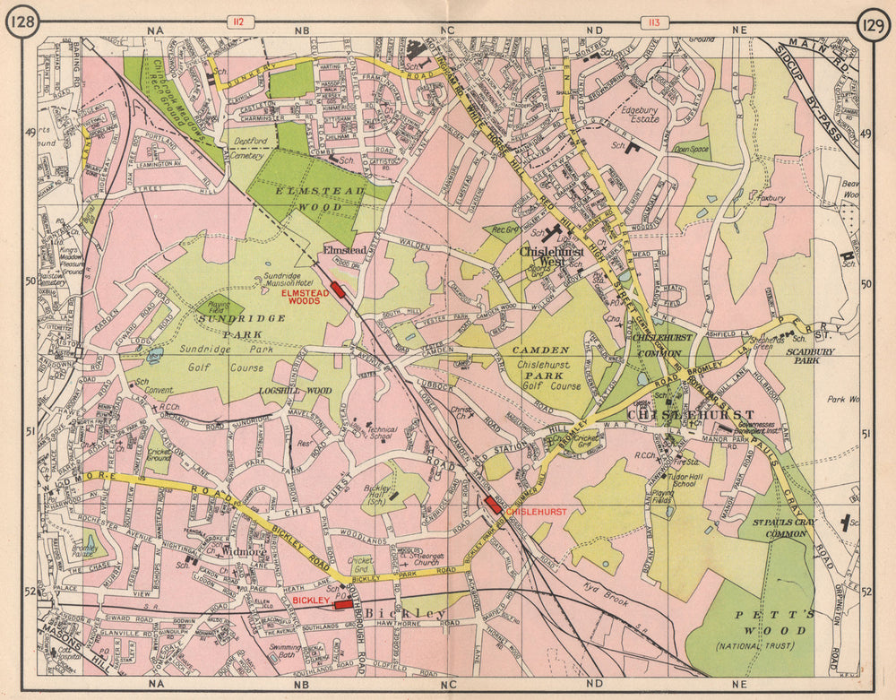 SE LONDON. Chislehurst Widmore Bickley Petts Wood Elmstead Pett's Wood 1953 map