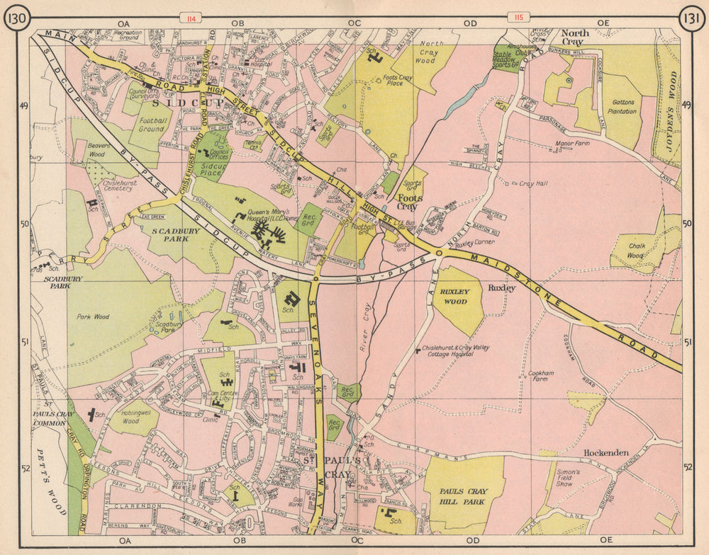 SE LONDON. Sidcup Foots Cray Ruxley St Paul's Cray North Cray 1953 old map