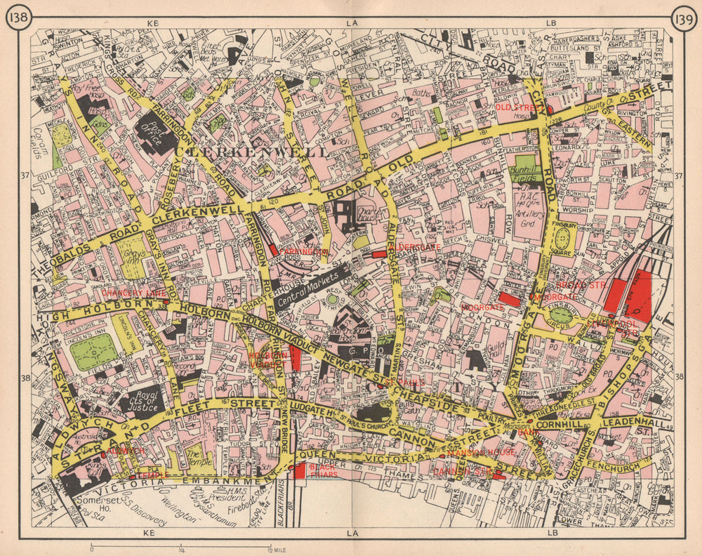 LONDON. Clerkenwell Holborn City Old Street Hoxton Moorgate Smithfield 1953 map