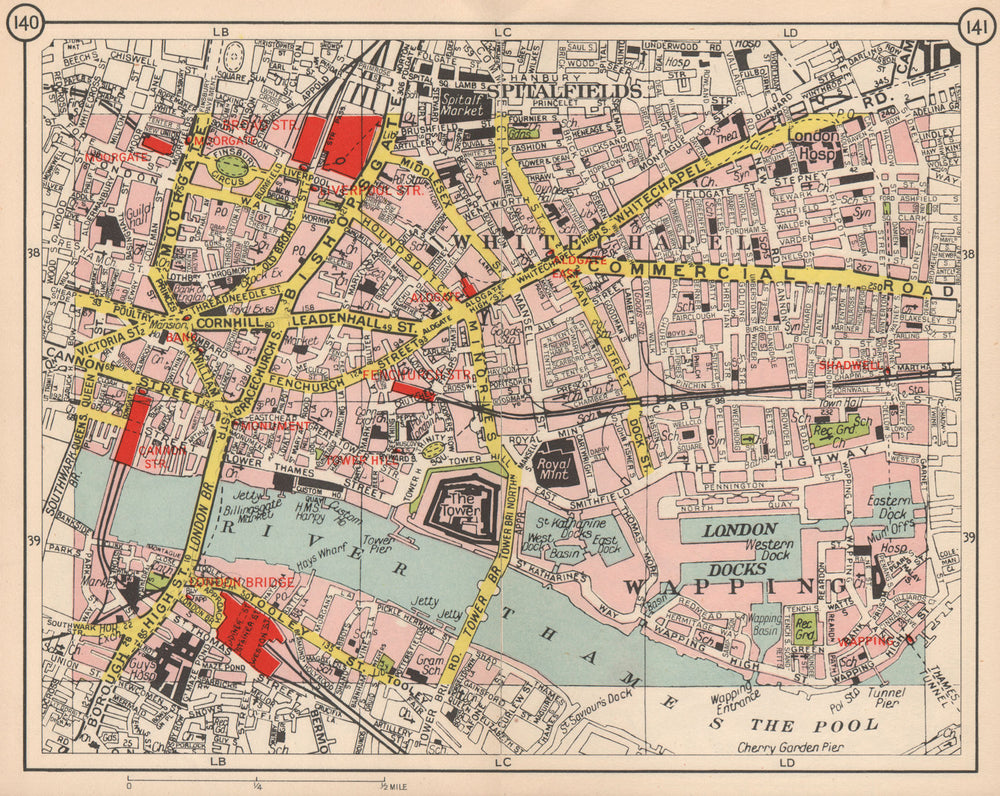 LONDON East End Spitalfields Whitechapel Wapping Borough City Shadwell 1953 map